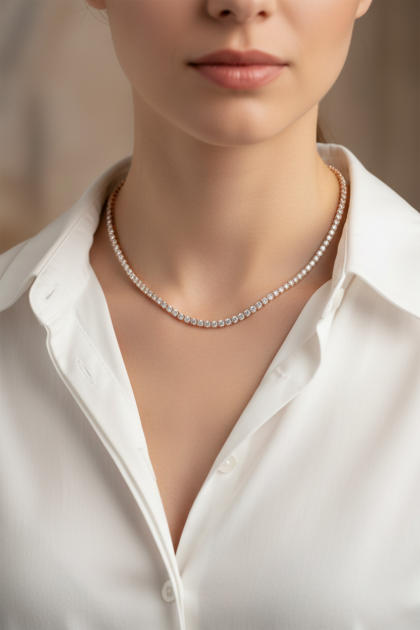 Model in White Shirt - Diamond Tennis Necklace