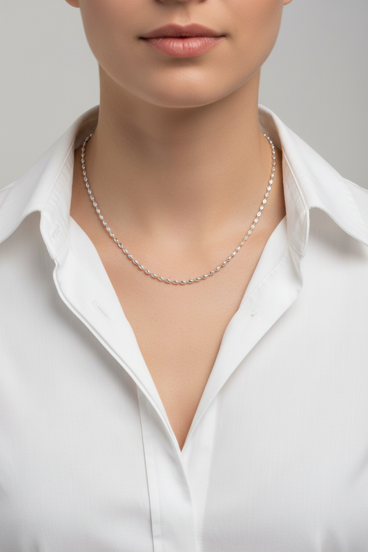 Model in White Shirt - White Gold Necklace