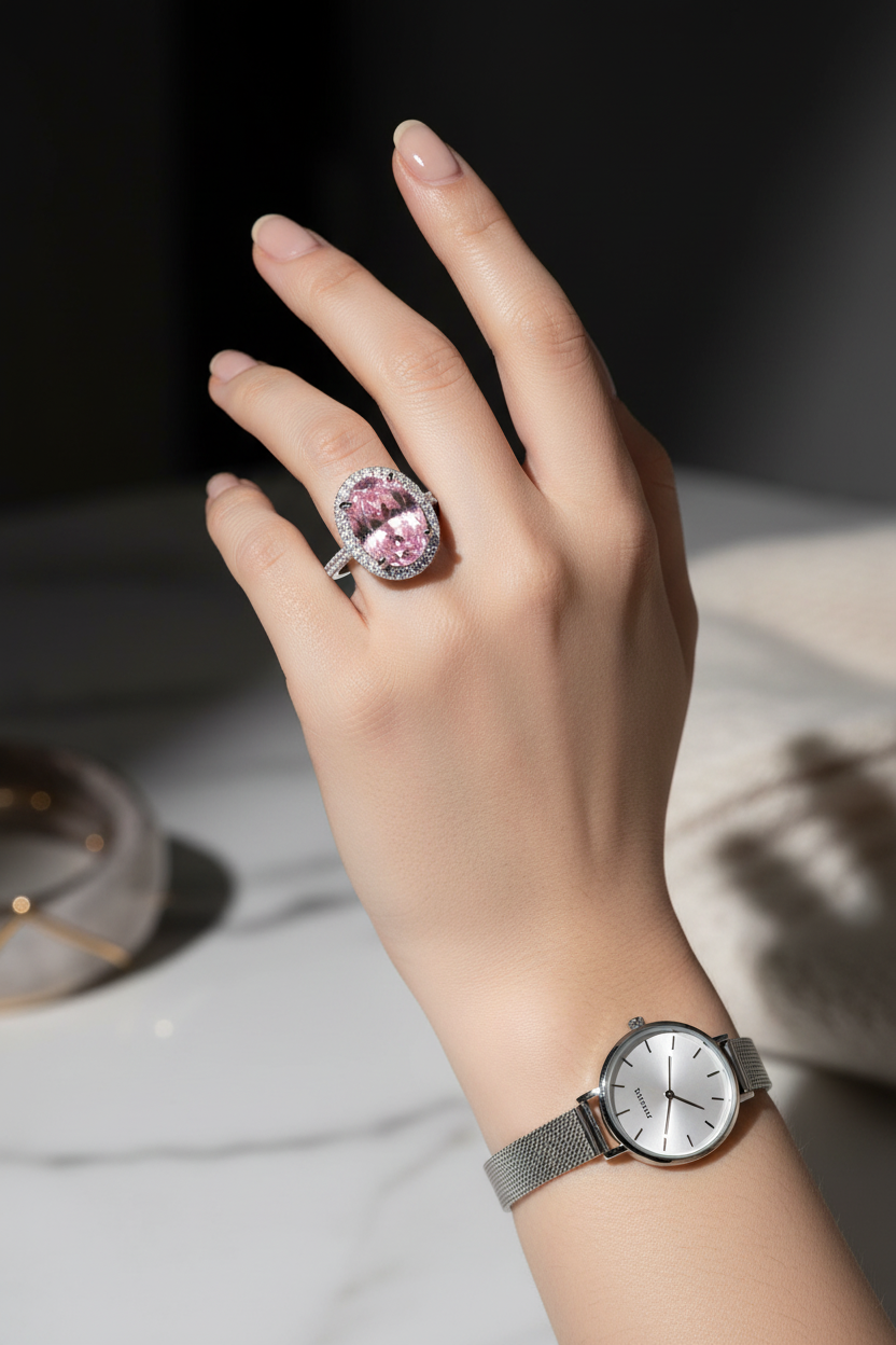 Pink Halo Engagement Ring - With Watch