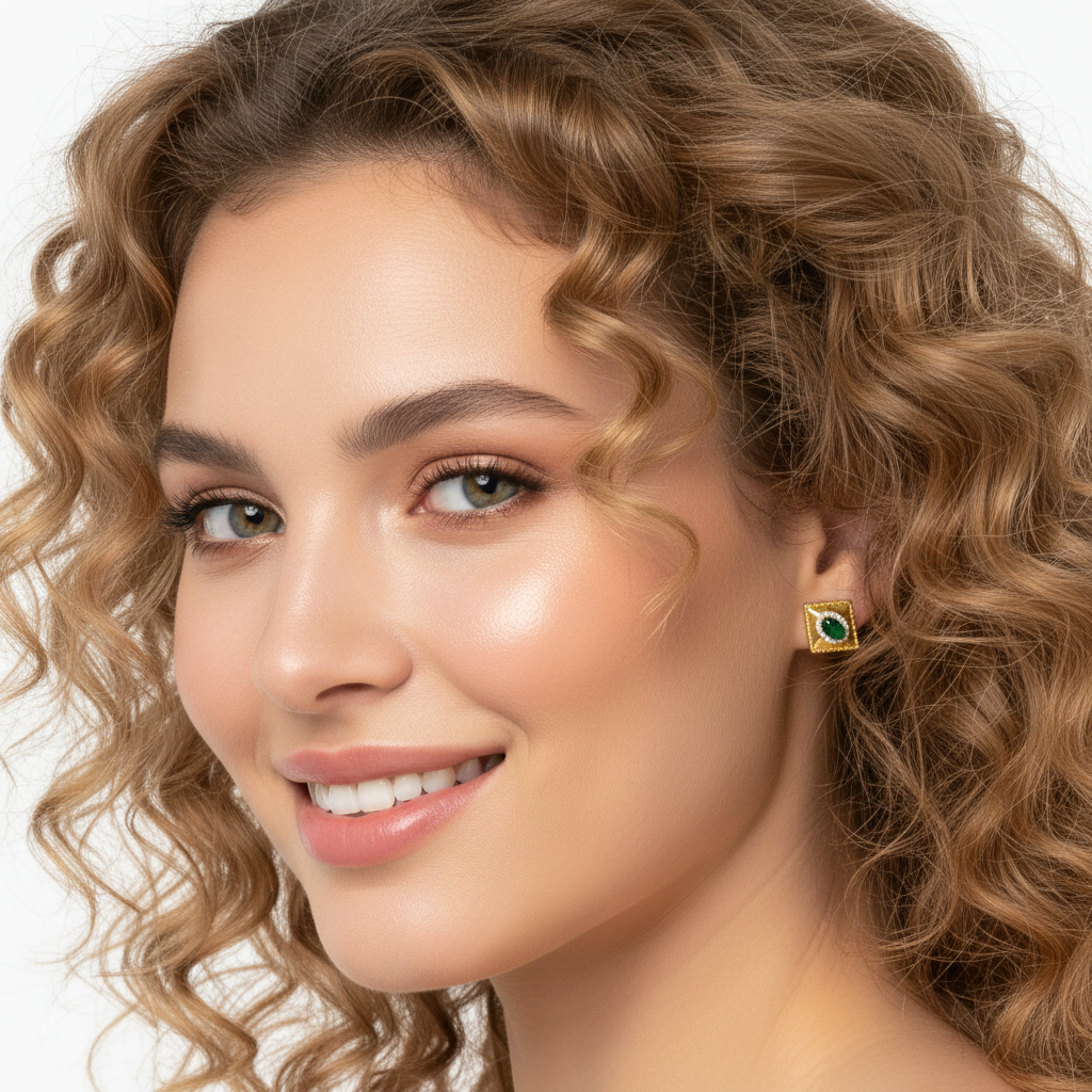 Square Studs Green CZ 18KY - Model 1 Long Curly Hair