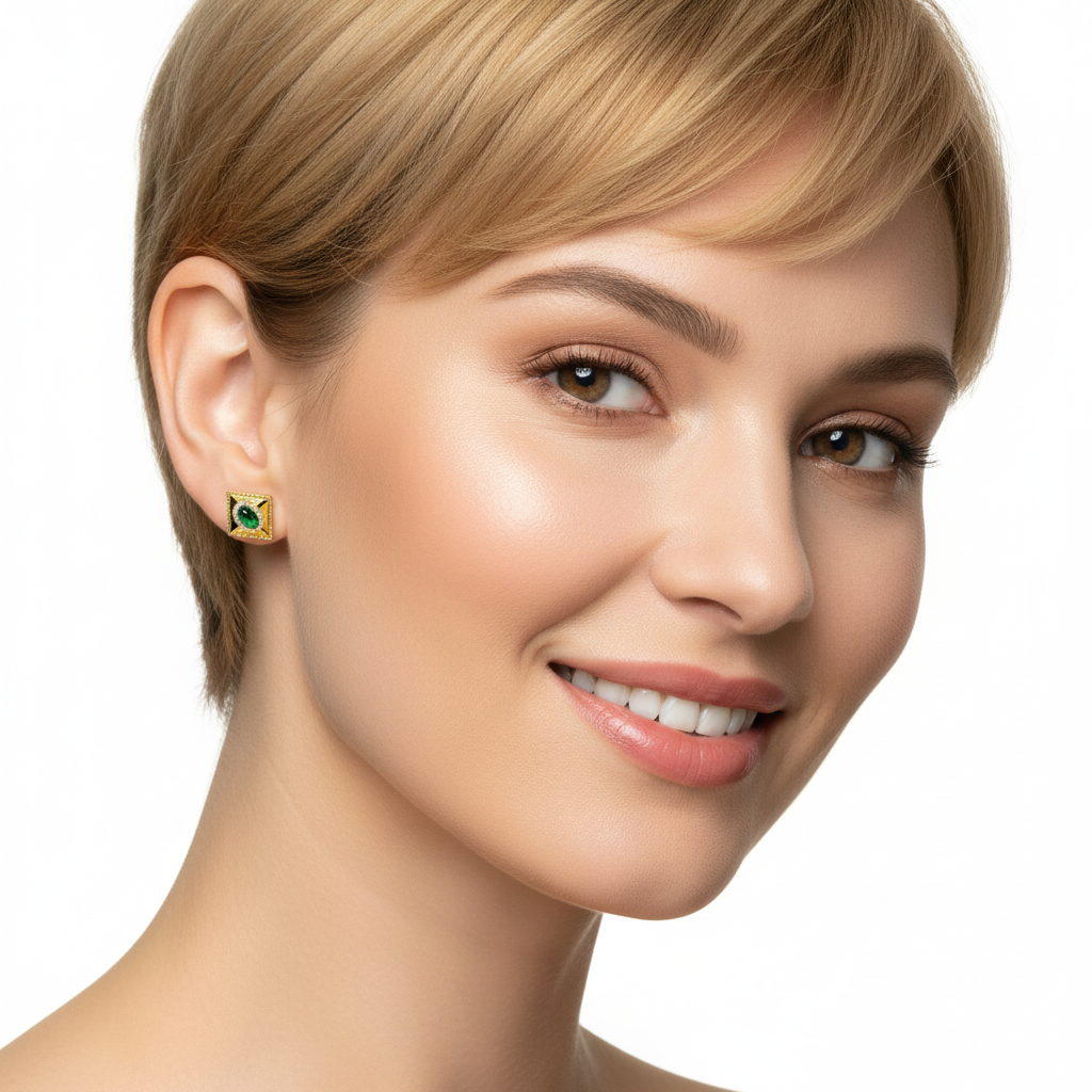 Square Studs Green CZ 18KY - Model 1 Short Hair