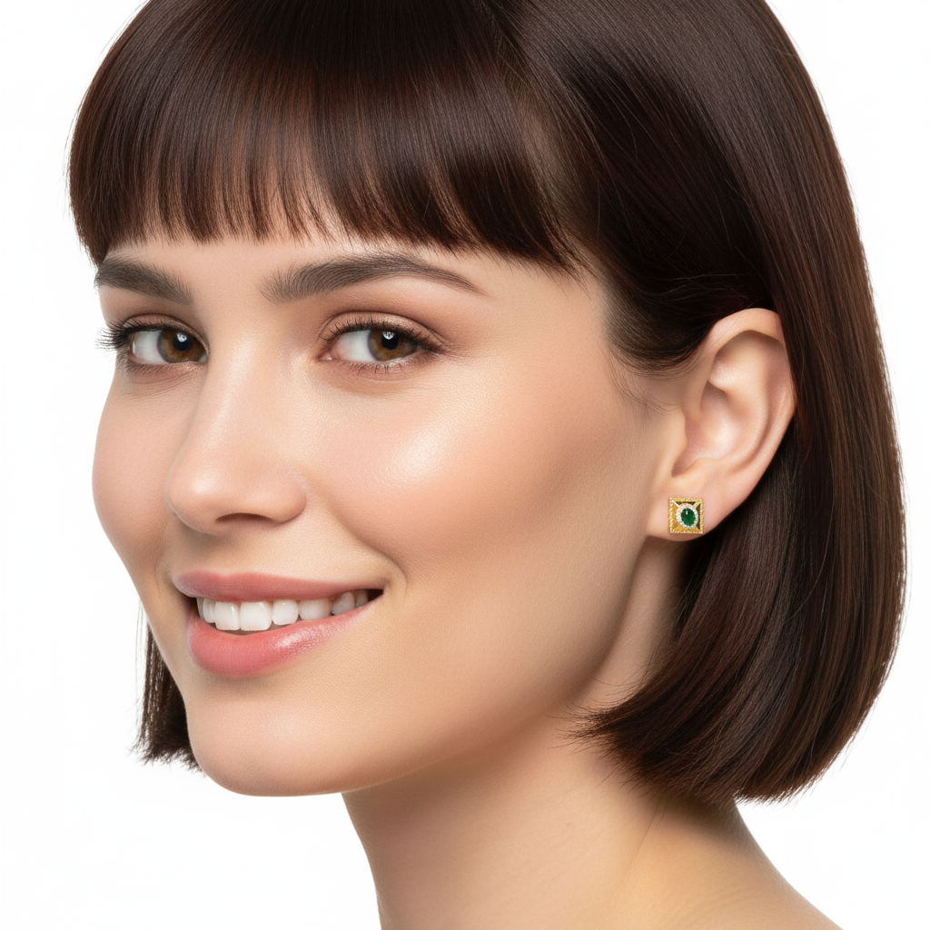 Square Studs Green CZ 18KY - Model 2 Short Hair