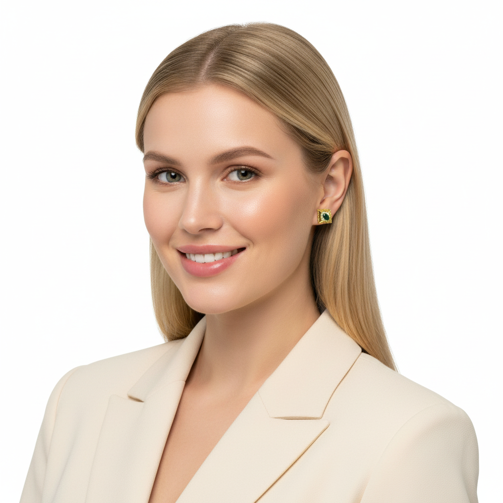 Square Studs Green CZ - Fair Skin Model 1