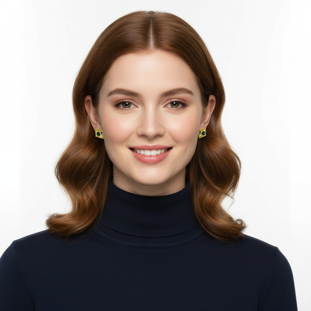 Square Studs Green CZ - Fair Skin Model 2