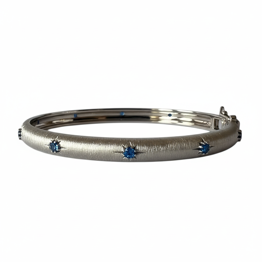 White Gold Silver Bangle Blue CZ - Side Proportionate