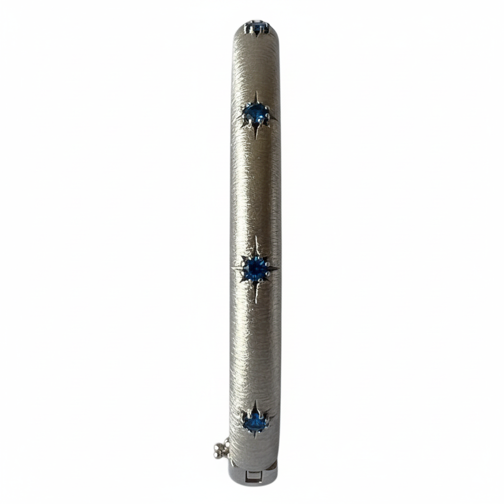 White Gold Silver Bangle Blue CZ - Standing Proportionate