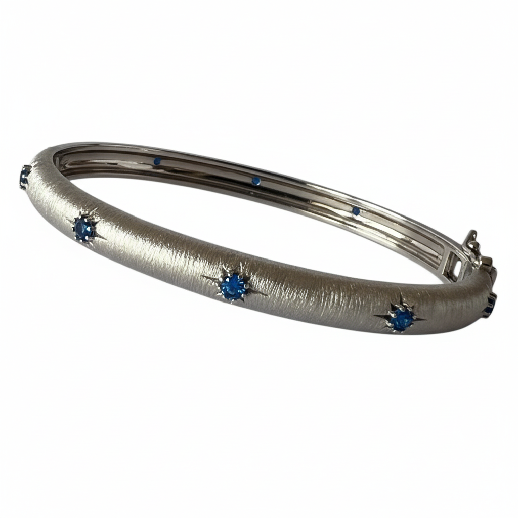 White Gold Silver Bangle Blue CZ - Ultra 45 Degree