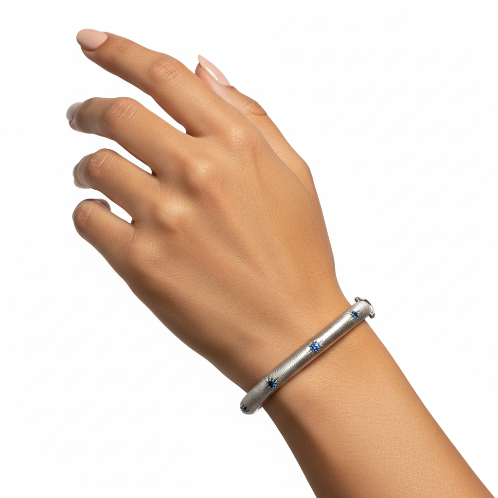White Gold Silver Bangle Blue CZ - Ultra On Wrist