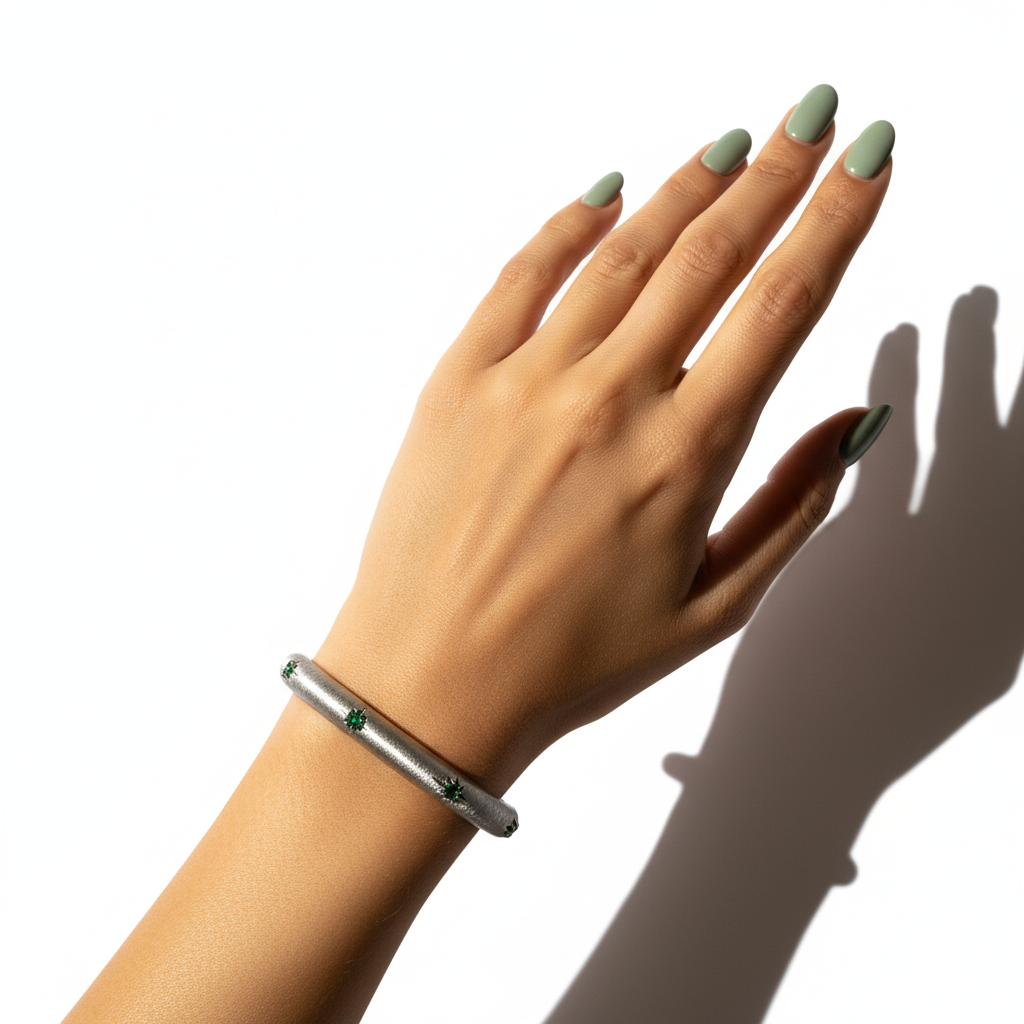 White Gold Silver Bangle Green CZ - Extremely Dramatic
