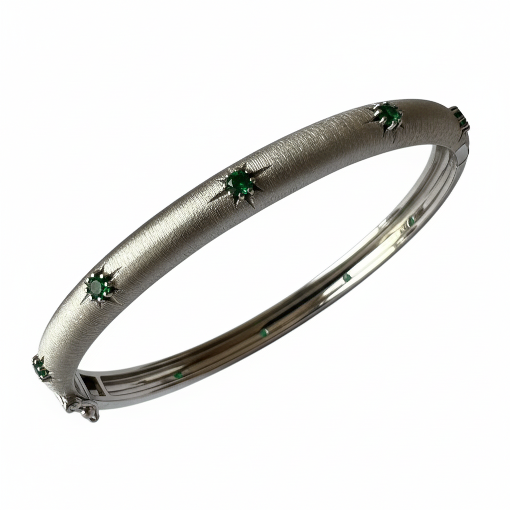 White Gold Silver Bangle Green CZ - Ultra 45 Degree