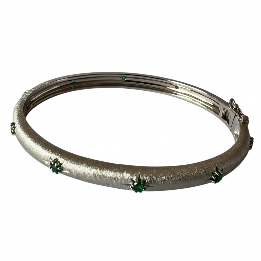 White Gold Silver Bangle Green CZ - Ultra Front
