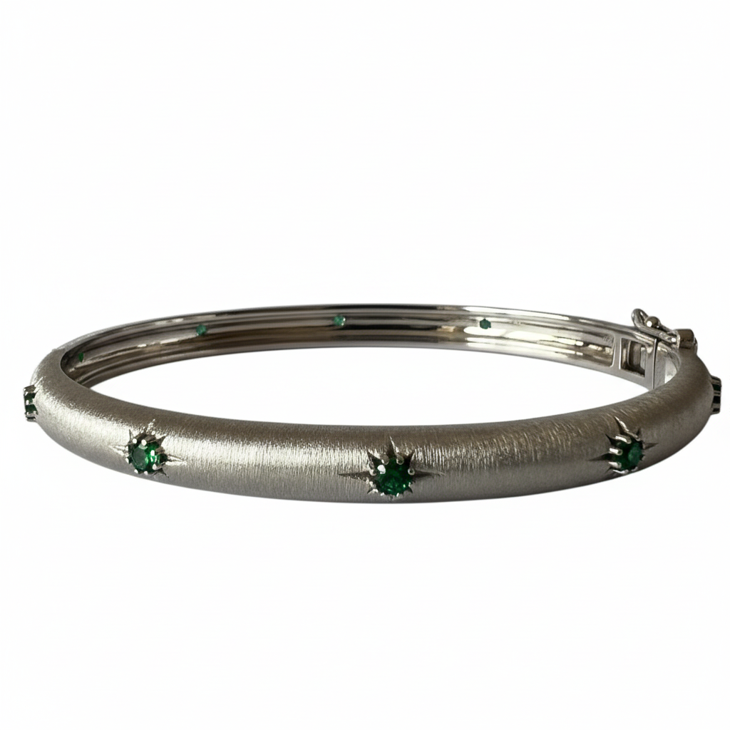 White Gold Silver Bangle Green CZ - Ultra Side