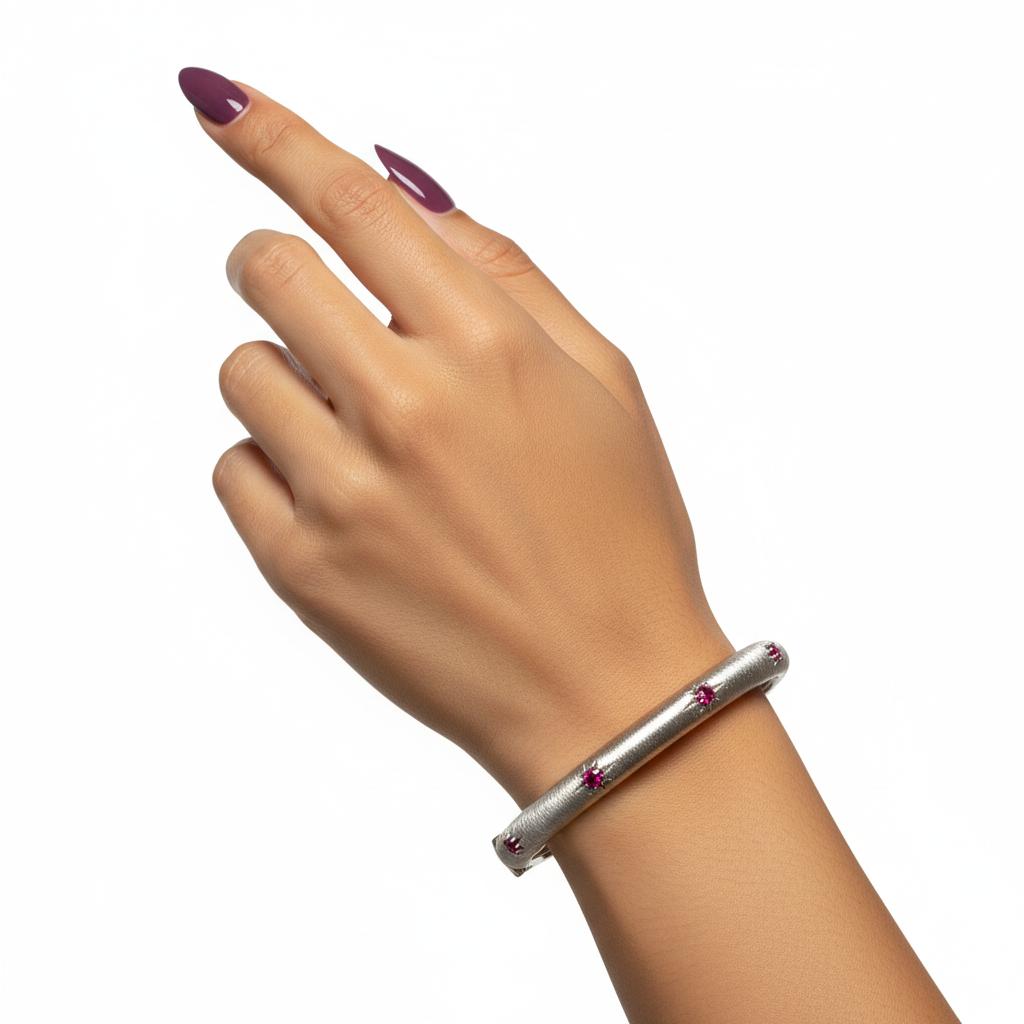 White Gold Silver Bangle Red CZ - On Wrist