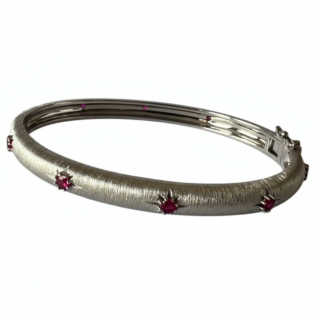 White Gold Silver Bangle Red CZ - Ultra 45 Degree