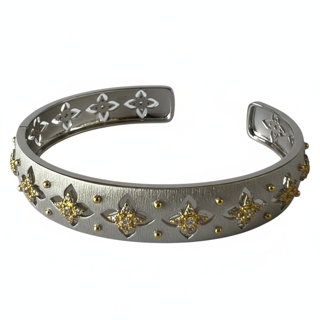 White Gold Silver Thick Bangle Yellow Gold Florals - Ultra 45 Degree