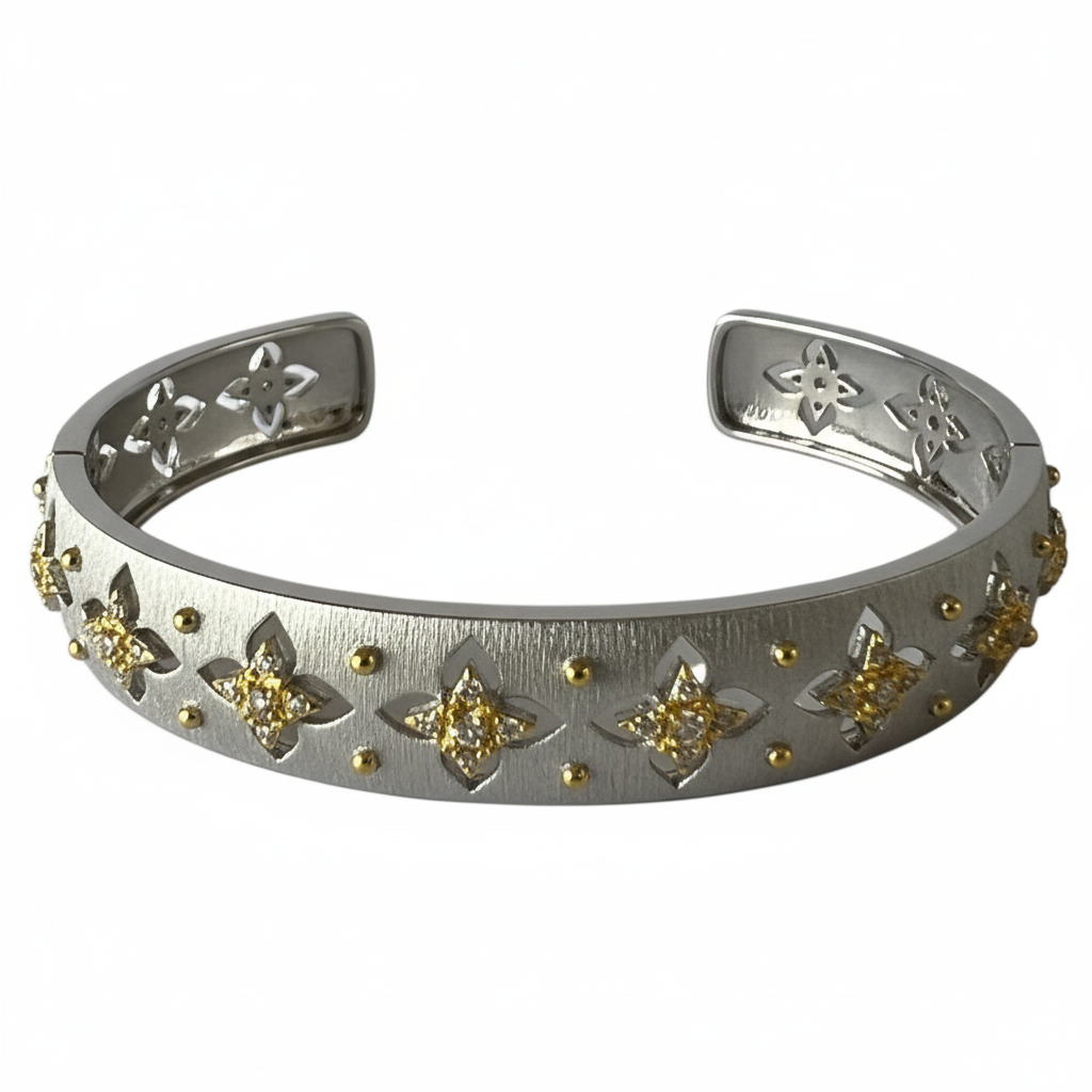 White Gold Silver Thick Bangle Yellow Gold Florals - Ultra Side
