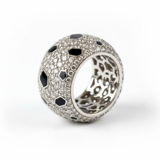 White Gold Silver Wide Band Ring Black Enamel - Ultra Sharp Angled