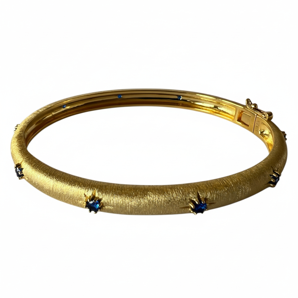Yellow Gold Bangle Blue CZ - Ultra Front