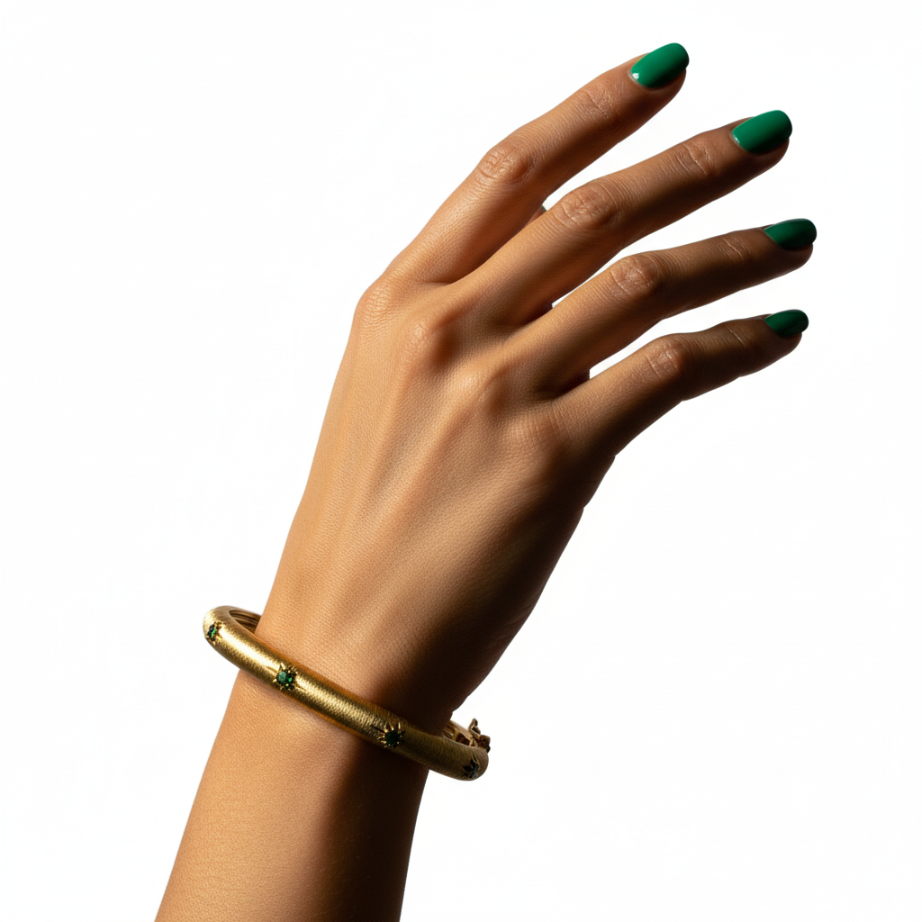 Yellow Gold Bangle Green CZ - Dramatic No Clasp
