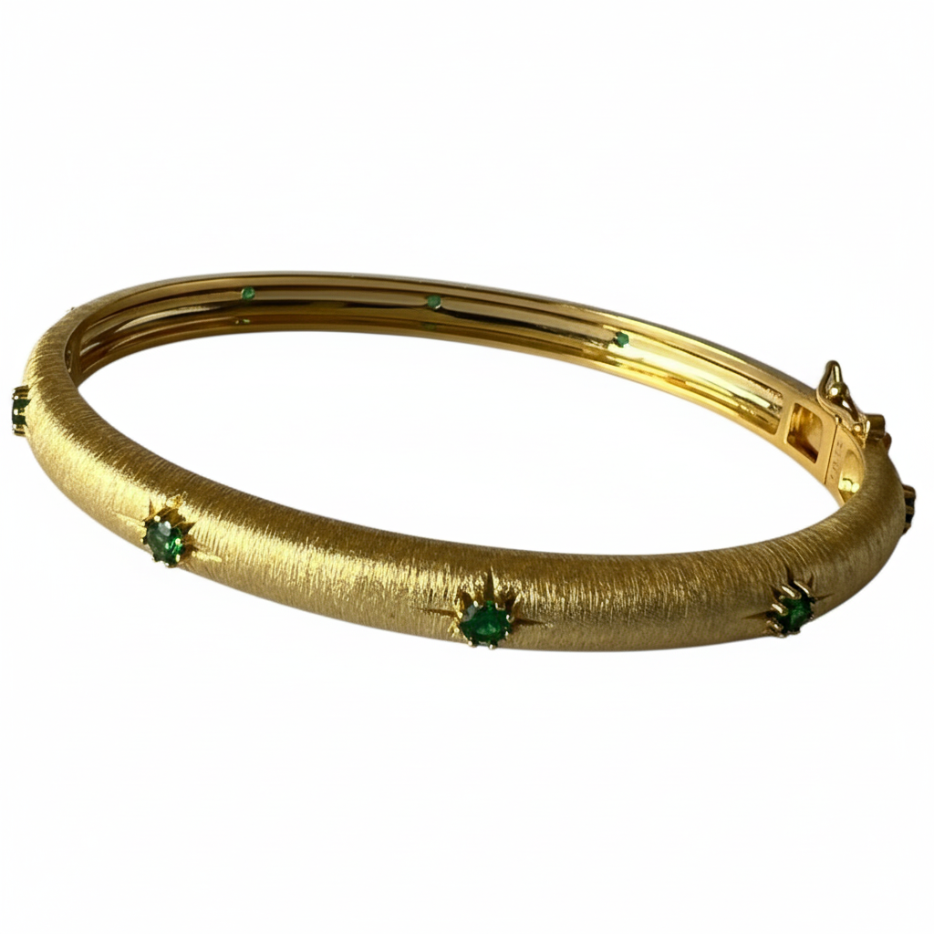 Yellow Gold Bangle Green CZ - Ultra 45 Degree