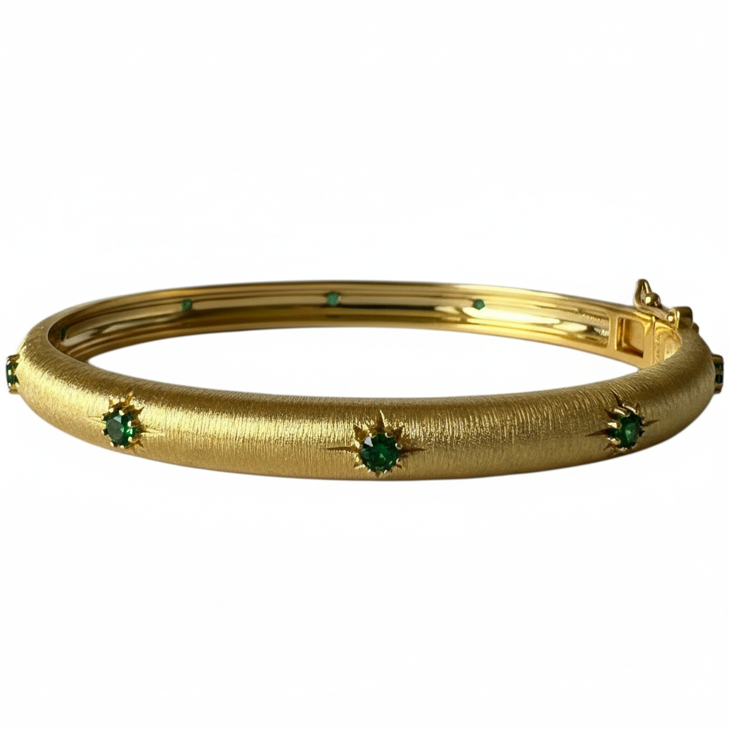 Yellow Gold Bangle Green CZ - Ultra Side