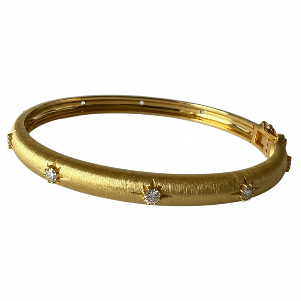 Yellow Gold Bangle White CZ - Ultra 45 Degree