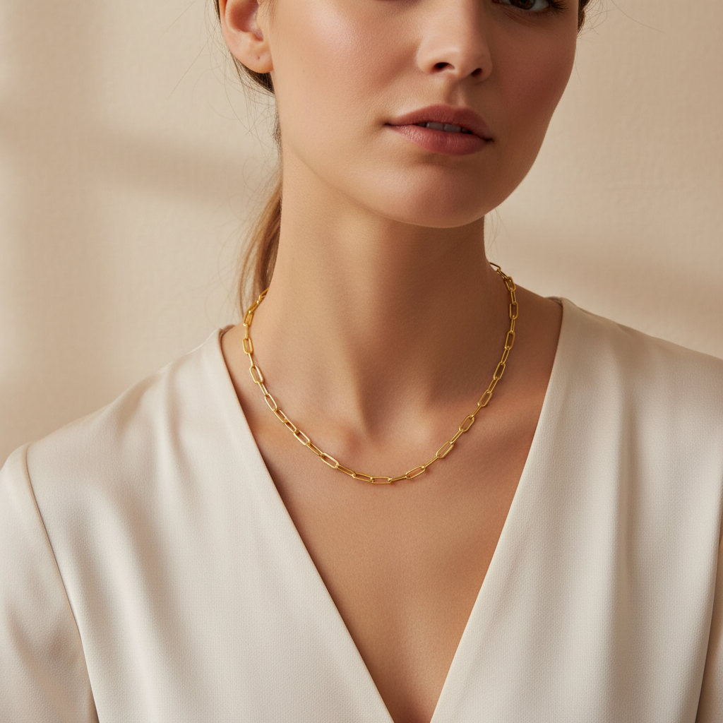 Yellow Gold Paperclip Chain - Beige