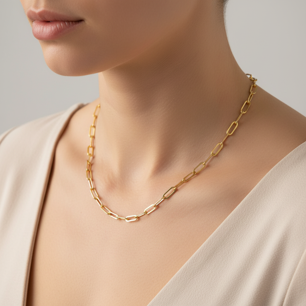 Yellow Gold Paperclip Chain - Close Detail