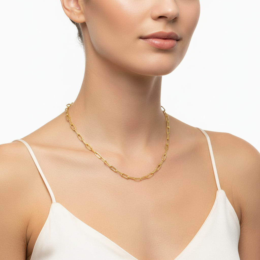 Yellow Gold Paperclip Chain - White